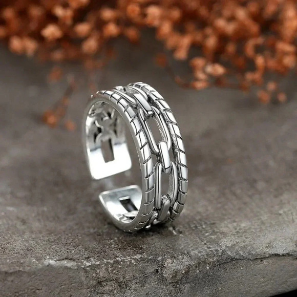 Minimalist 925 Sterling Silver Chunky Silver Ring Curb Chain Link Vintage Ring - Picture 3 of 6